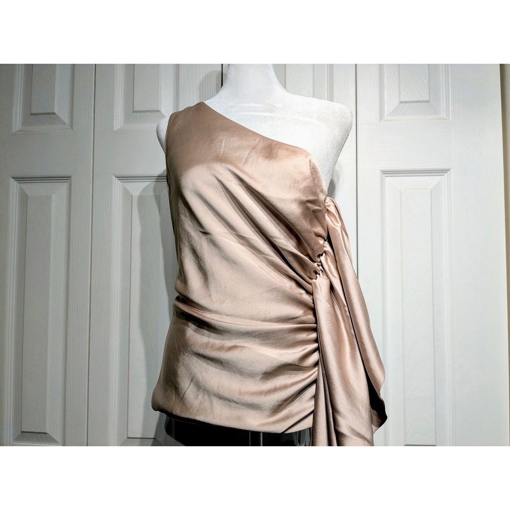 Trina Turk Powerful Top Womens 4 Beige Champagne Satin Asymmetric Ruched NWT